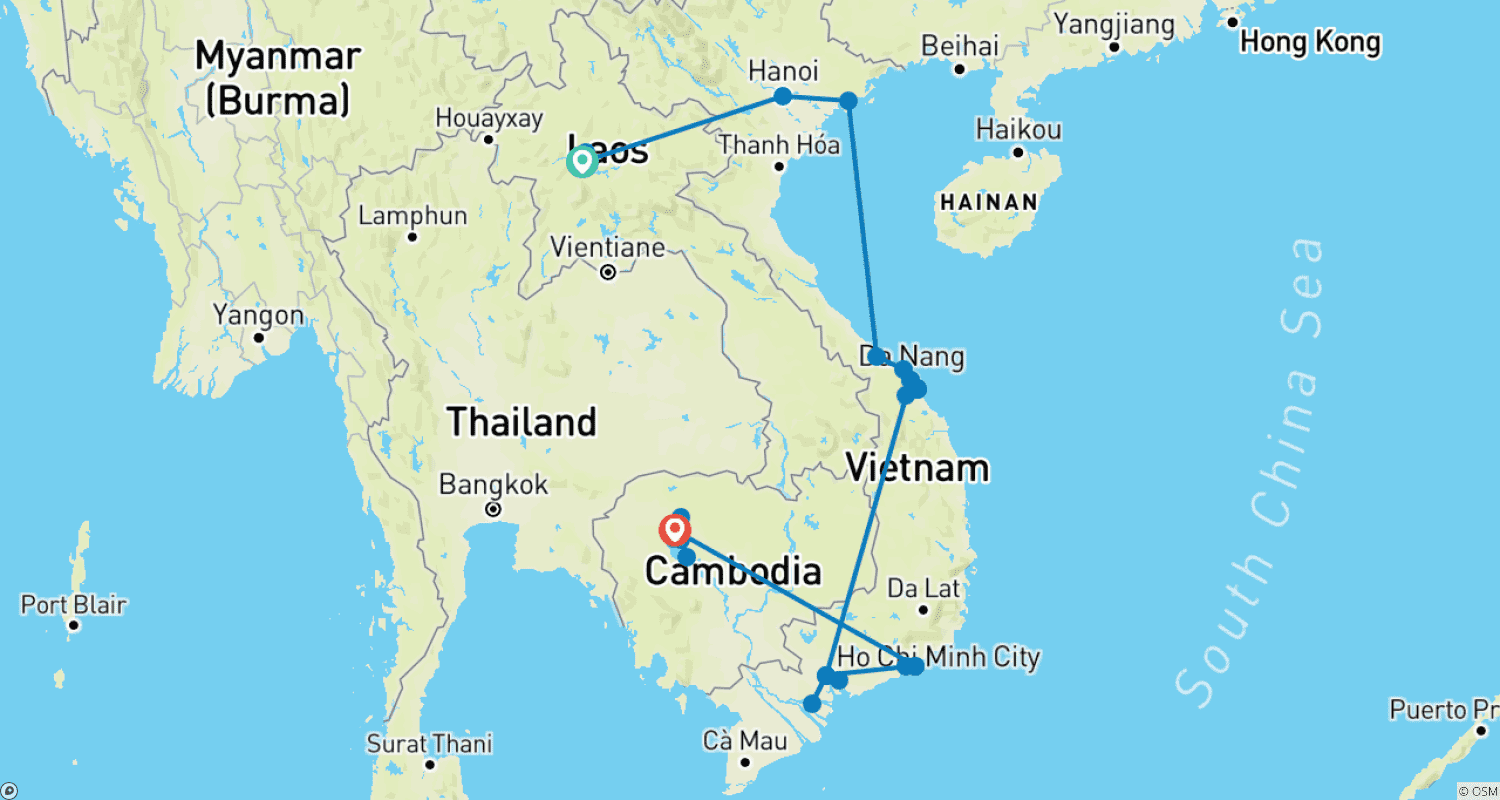 Mapa trasy: Trzy Perły Mekongu - Wietnam, Laos i Kambodża z wakacjami na plaży na wymarzonych plażach Wietnamu 25 Dni (z przelotem) (21 miejsc docelowych)