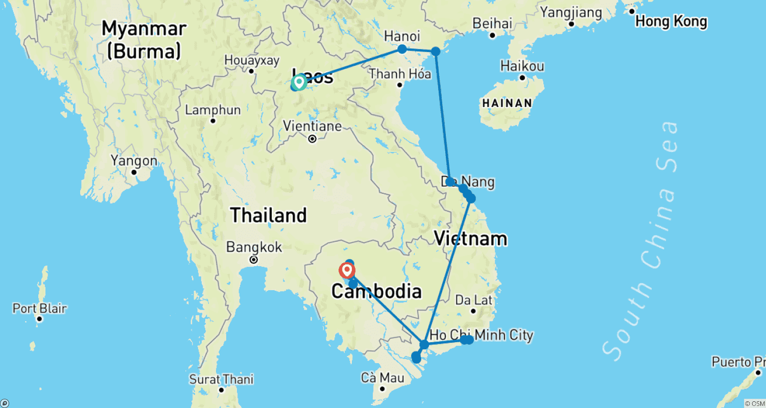 Mapa do percurso de Indochina intensiva com Férias na Praia em Phan Thiet/Mui Ne ou em Phu Quoc 25 Dias (voo incluído) (22 destinos)