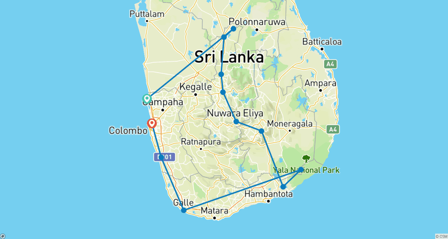 Mapa do percurso de Circuito no Sri Lanka com Férias na Praia na Costa Sudoeste ou nas Maldivas (voo incluído)