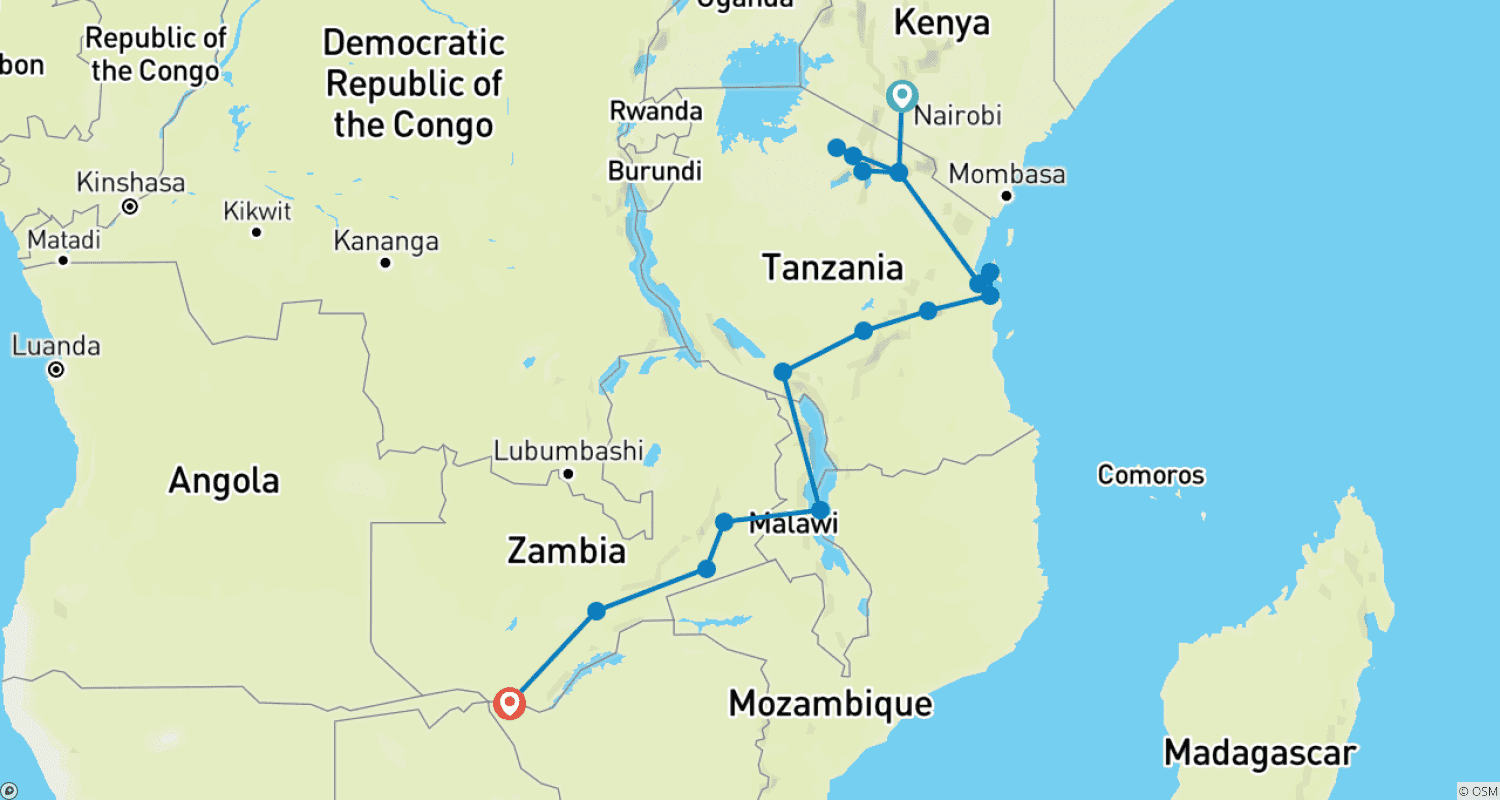 Mapa do percurso de De Nairobi às Cataratas Vitória - Tours Explorador e Clássicos