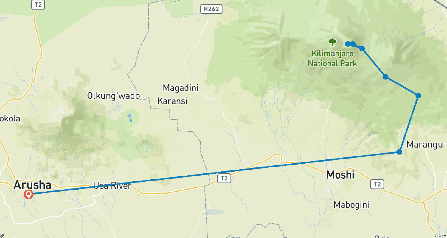 Mapa do percurso de Subida ao Kilimanjaro pela Rota Marangu em 5 Dias