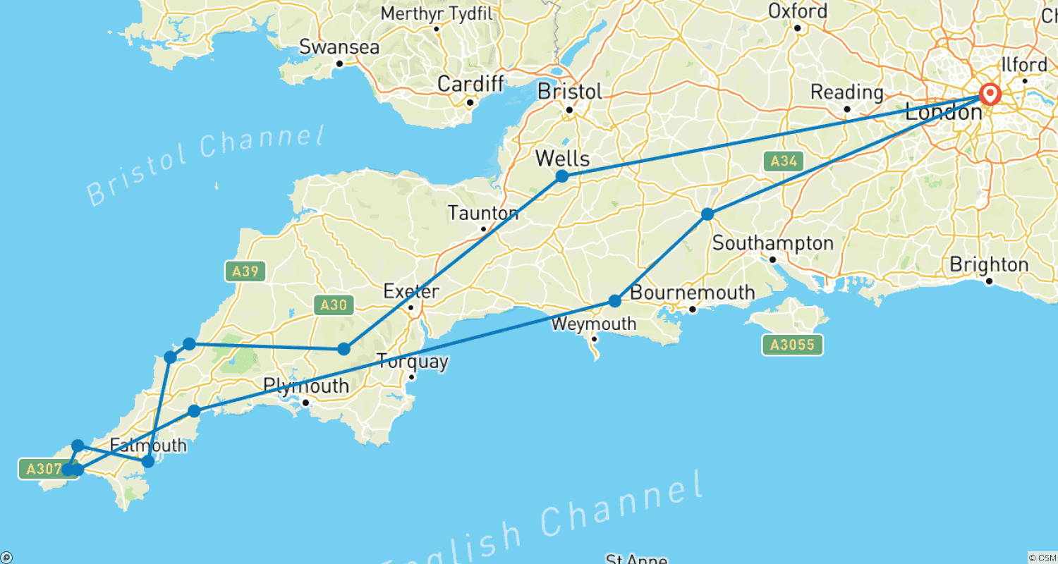 Mapa do percurso de Cantos da Cornualha 2023