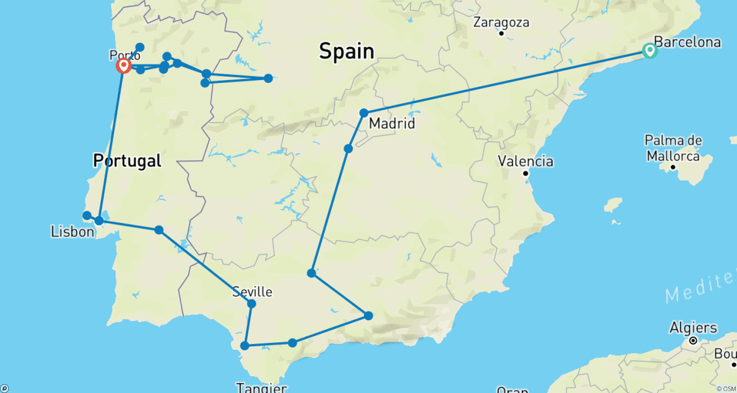 Mapa do percurso de Cores da Espanha com Descoberta do Douro Barcelona → Porto (2026)