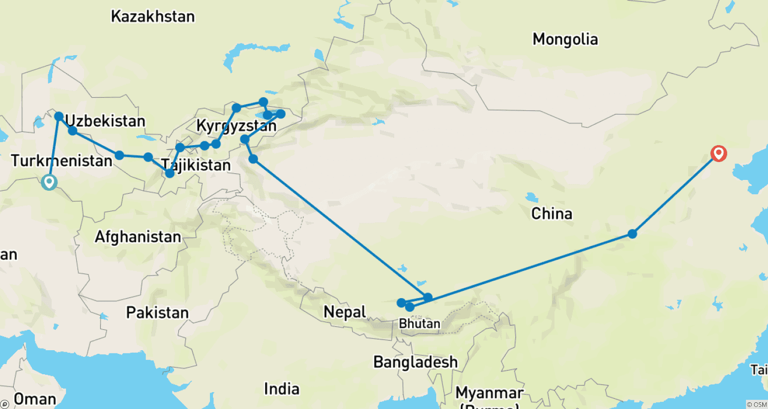 خريطة مسار Ashgabat To Beijing (67 Days)