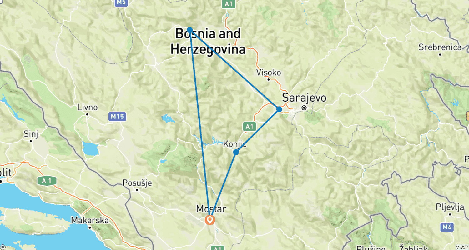 Mapa do percurso de Mostar to Sarajevo and Travnik in 3-day discovery tour. Year-round Bosnia off‑the‑beaten‑path at a gentle pace.