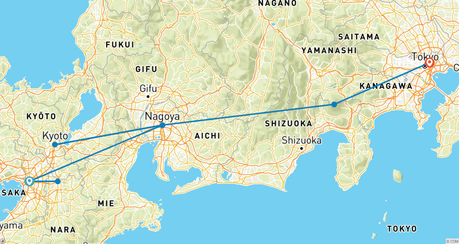 Mapa trasy: 9D Wspaniała Japonia — prywatne hotele 3-gwiazdkowe — Osaka do Tokio