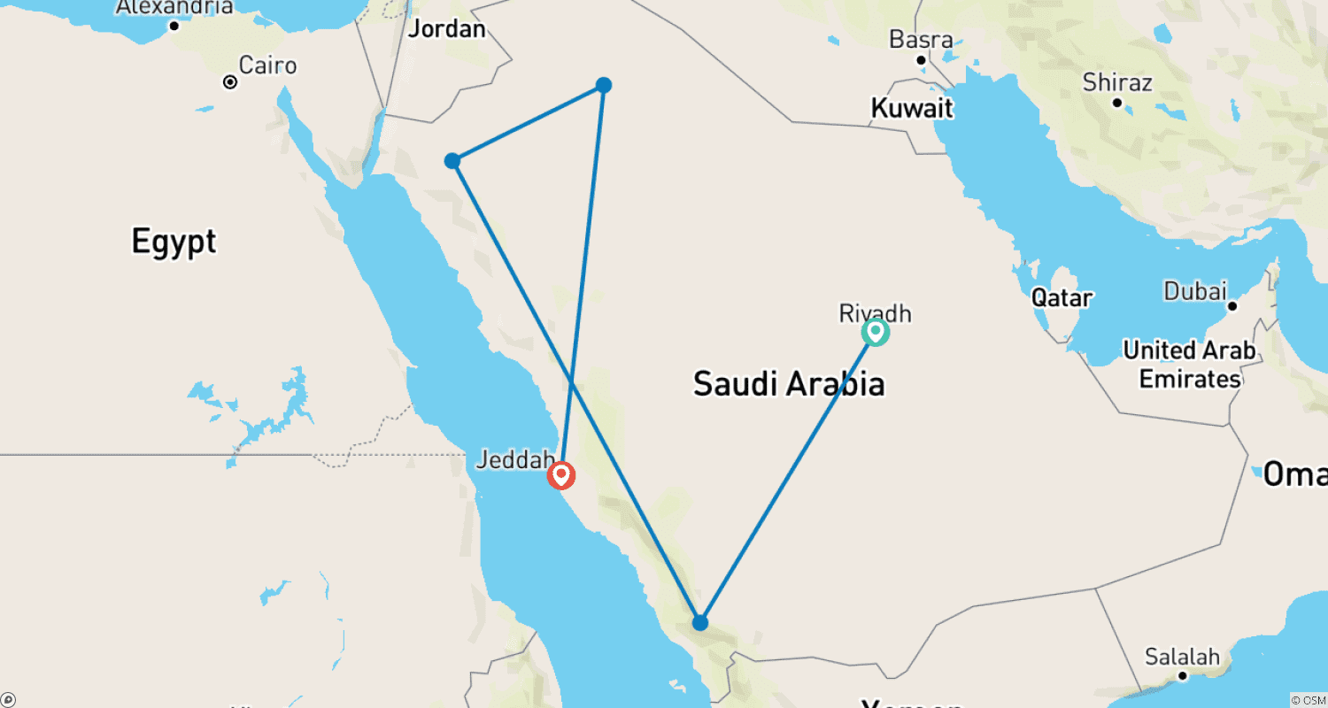 Mapa do percurso de Aventura Personalizada de 12 Dias na Arábia Saudita, Partidas Diárias e Guia Privado