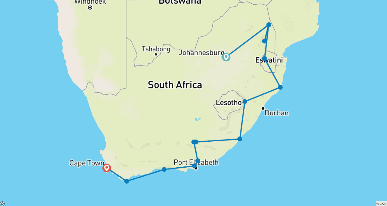 Mapa do percurso de Explorador da África do Sul: 18 Dias (Alojamento)