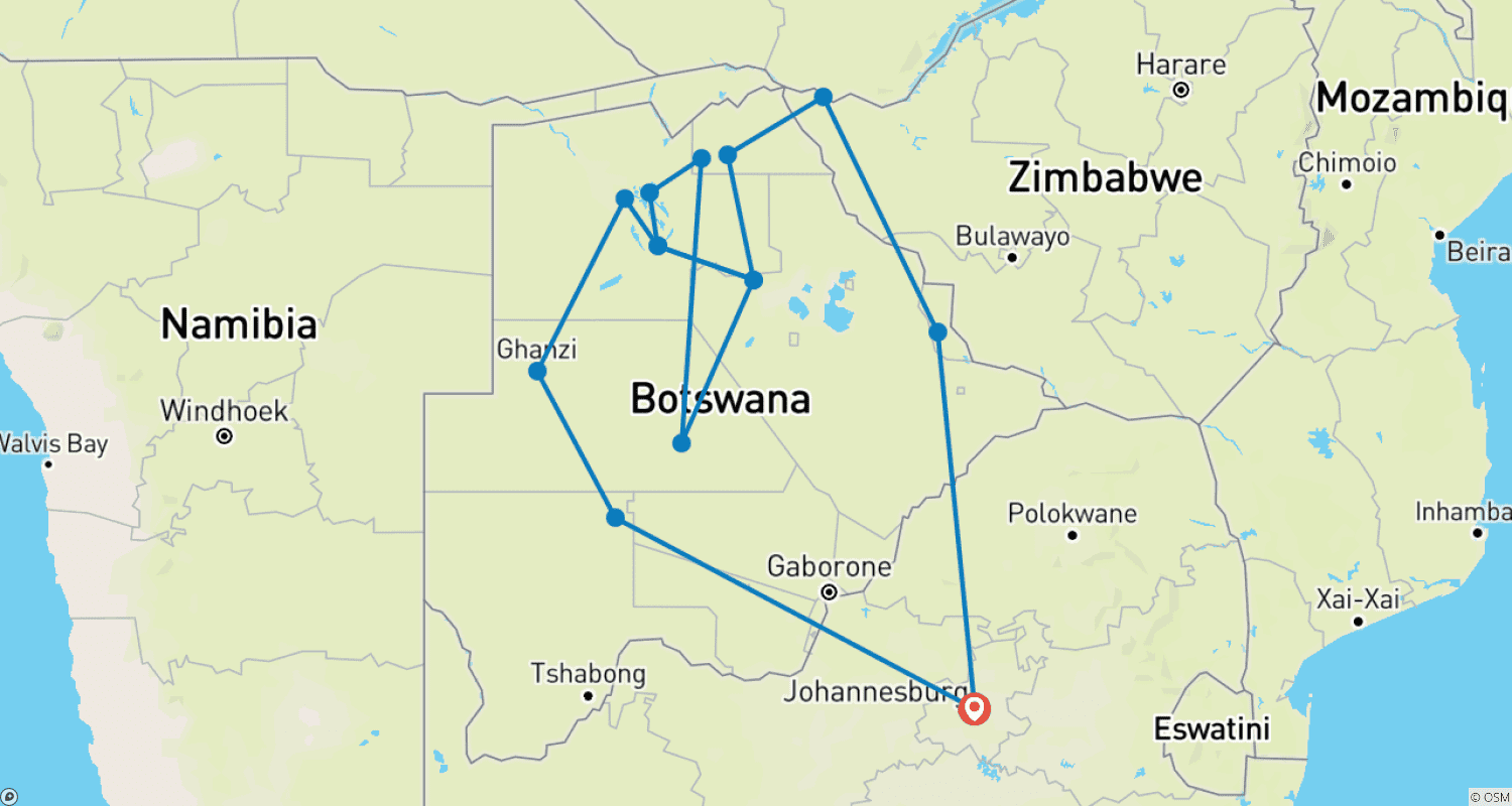 Mapa do percurso de 16 Day Botswana Pioneer (Camping)