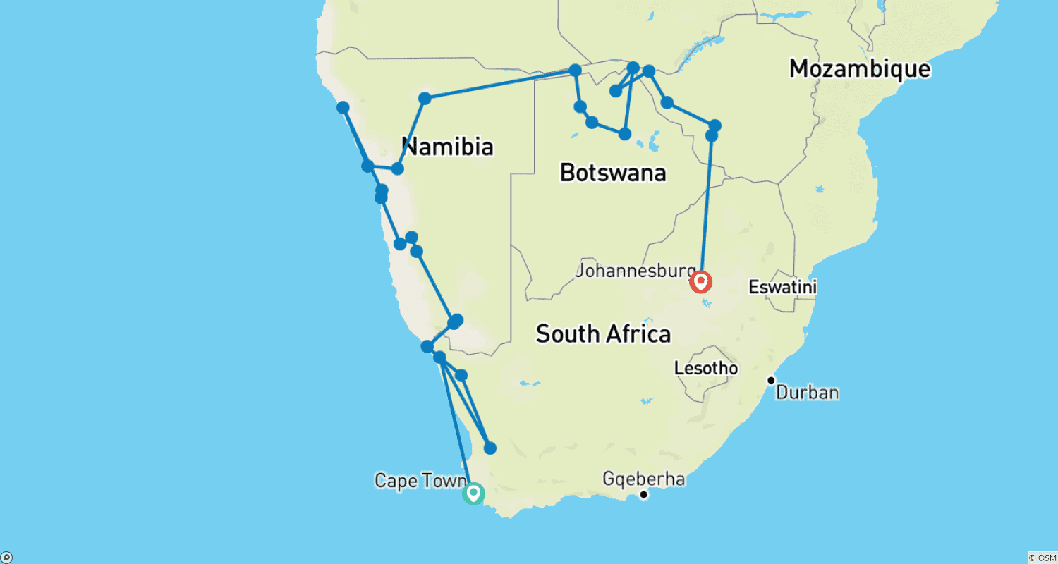 Mapa do percurso de 24 Day Cape Town to Johannesburg via Victoria Falls Pioneer (Camping) - Namibia; Botswana; Zimbabwe; South Africa