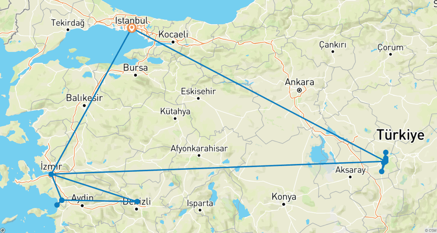 Mapa do percurso de Tour Exclusivo de 8 Dias pelas Sete Maravilhas da Turquia (Taxas de entrada em museus incluídas)