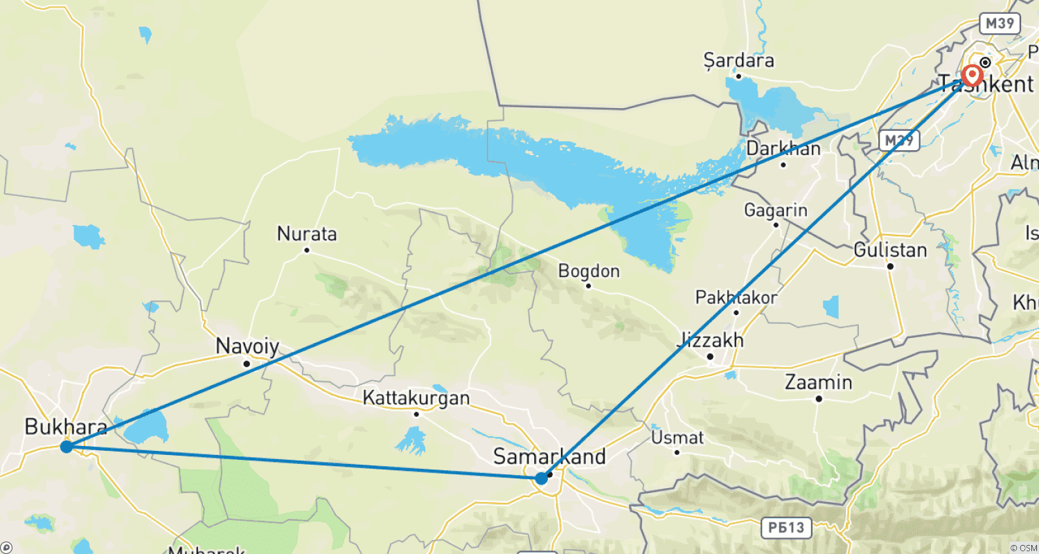 Mapa do percurso de Viagem Familiar de 6 Dias ao Uzbequistão, Personalizada, Partidas Diárias e Guia e Motorista Privados
