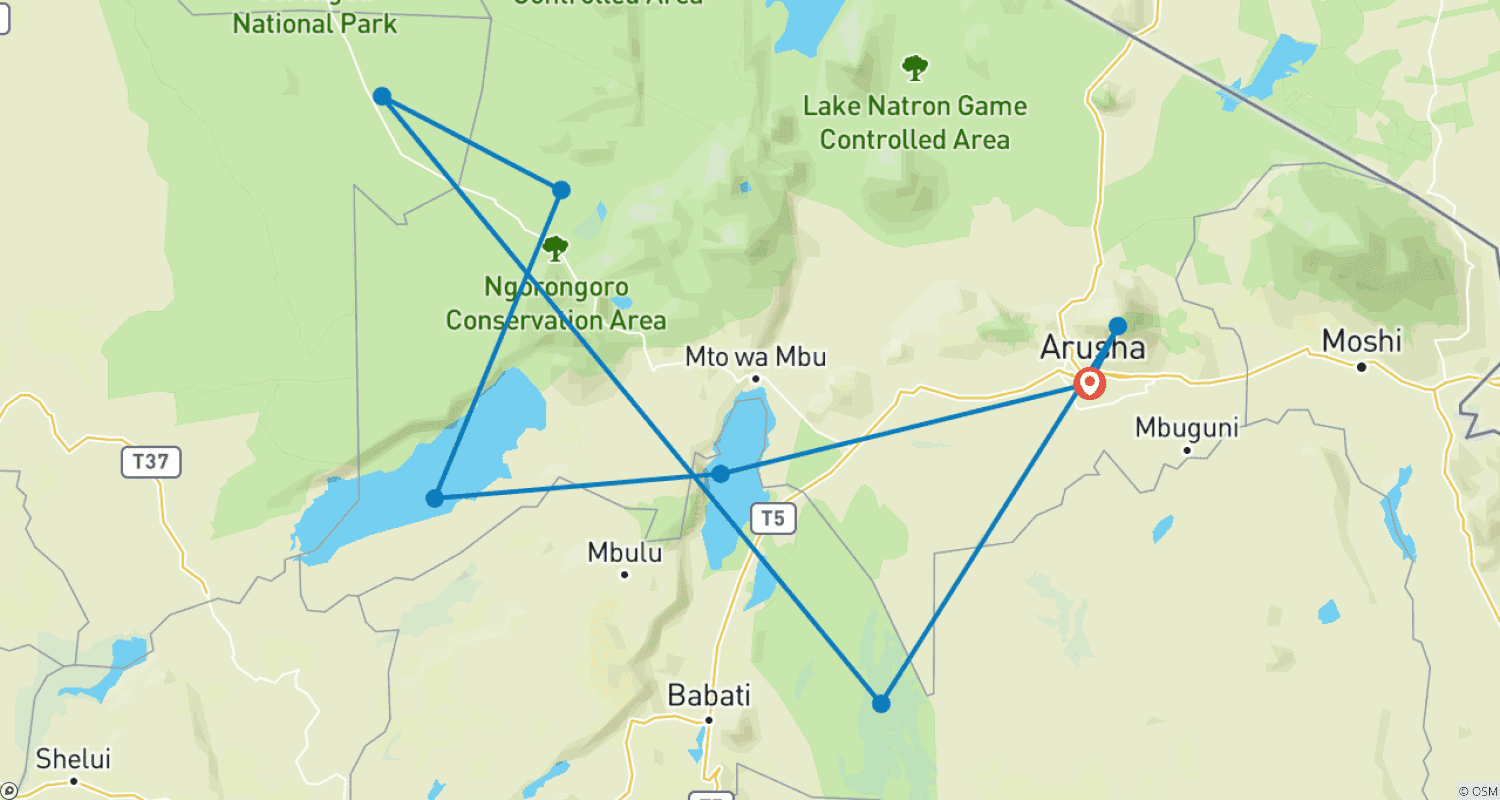 Mapa do percurso de Safari Privado de Luxo de 9 Dias visitando todos os Parques Nacionais
