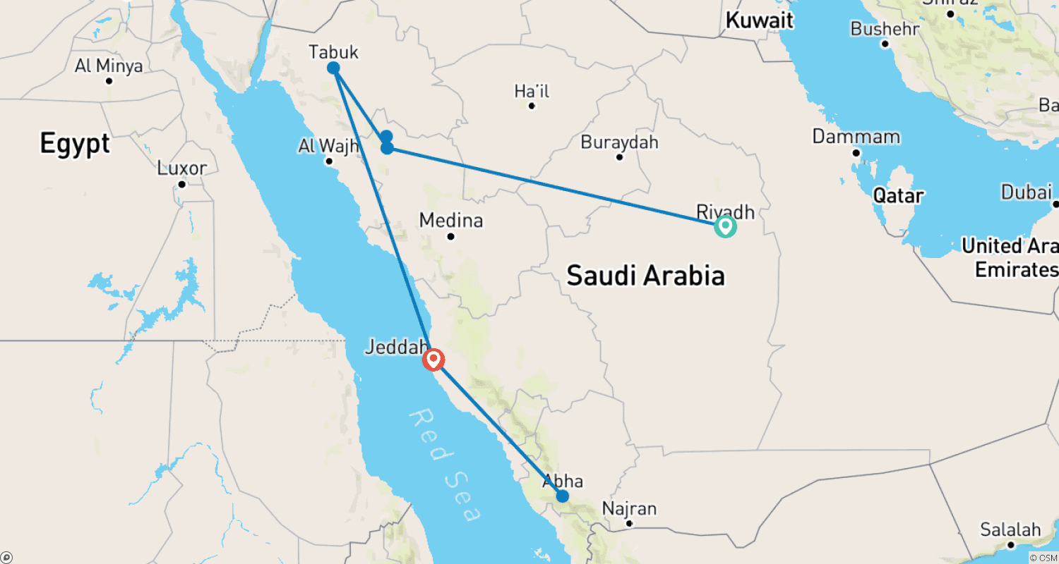Mapa do percurso de Toda a Arábia Saudita - Pacote Turístico de 14 Dias