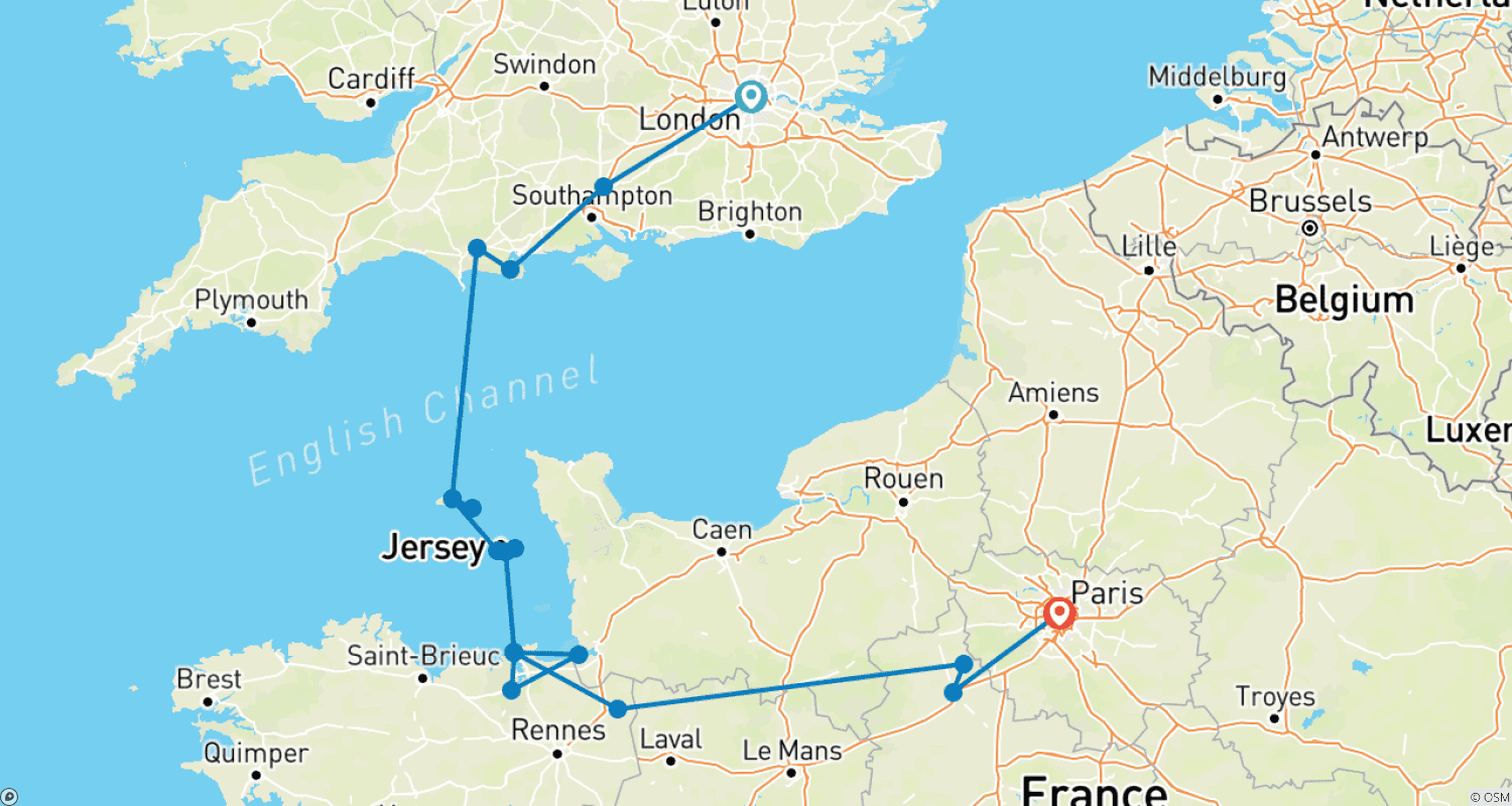 Mapa do percurso de De Londres a Paris via as Ilhas do Canal 2023