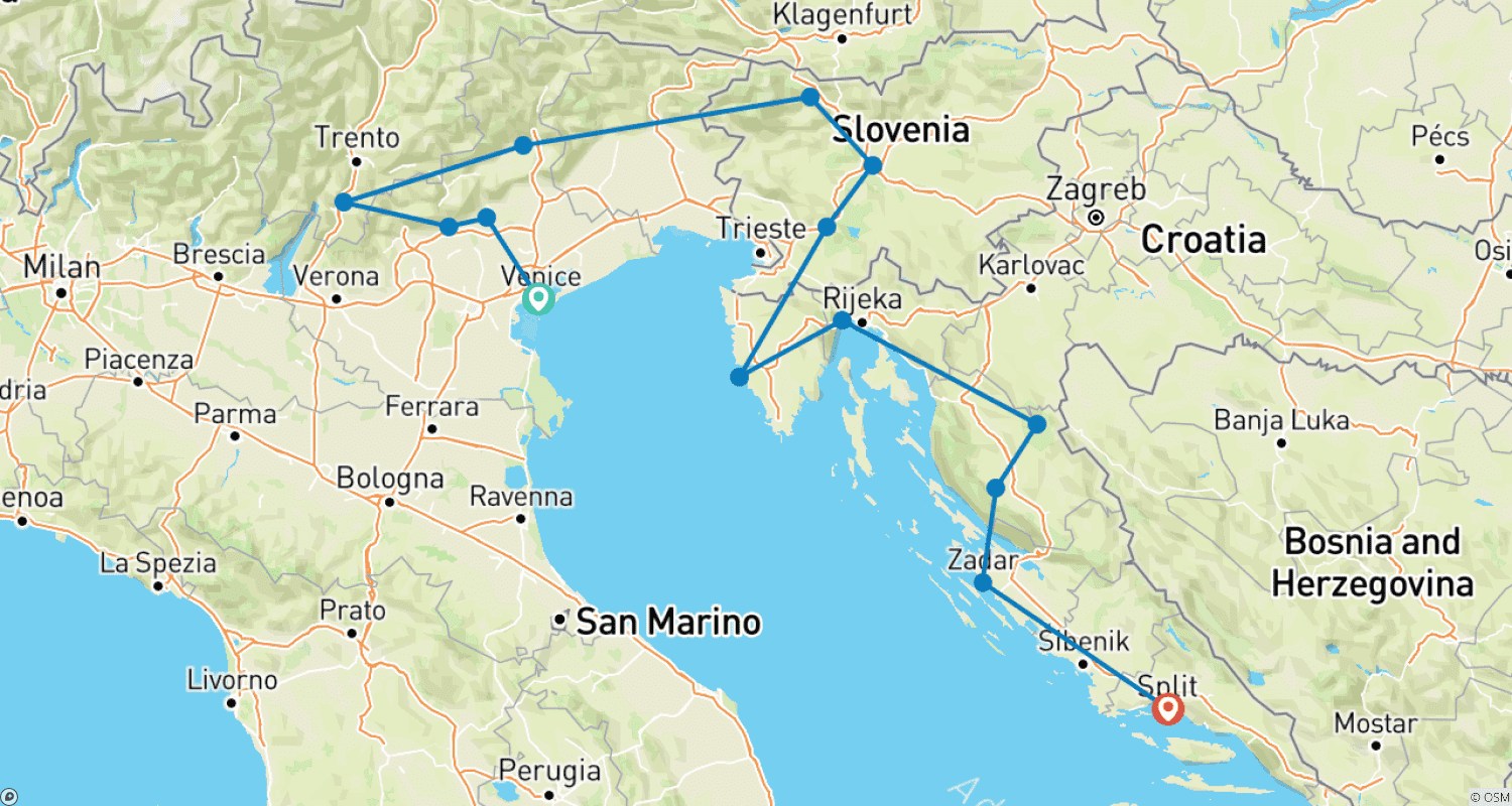 Mapa do percurso de Descoberta do Adriático: Norte da Itália, Eslovénia e Croácia 2023
