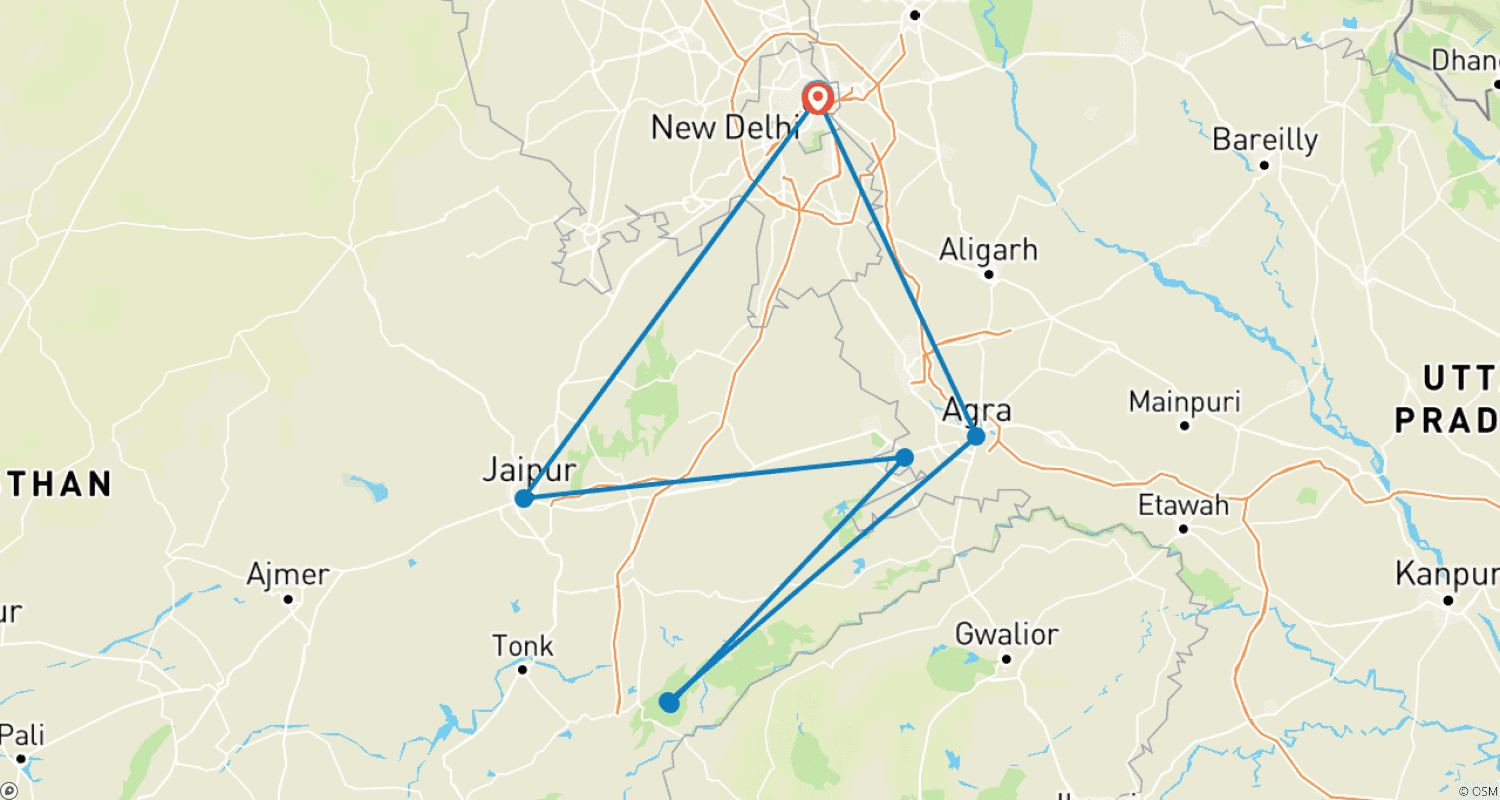Mapa do percurso de Excursão de Safári de Tigres em Ranthambore no Triângulo Dourado de 7 Dias com Hotéis 4 Estrelas
