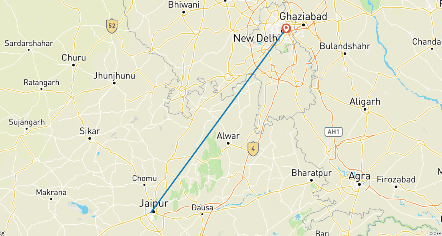 Mapa trasy: 3-dniowe pakiety wycieczkowe do Jaipur z Delhi z 4-gwiazdkowym hotelem