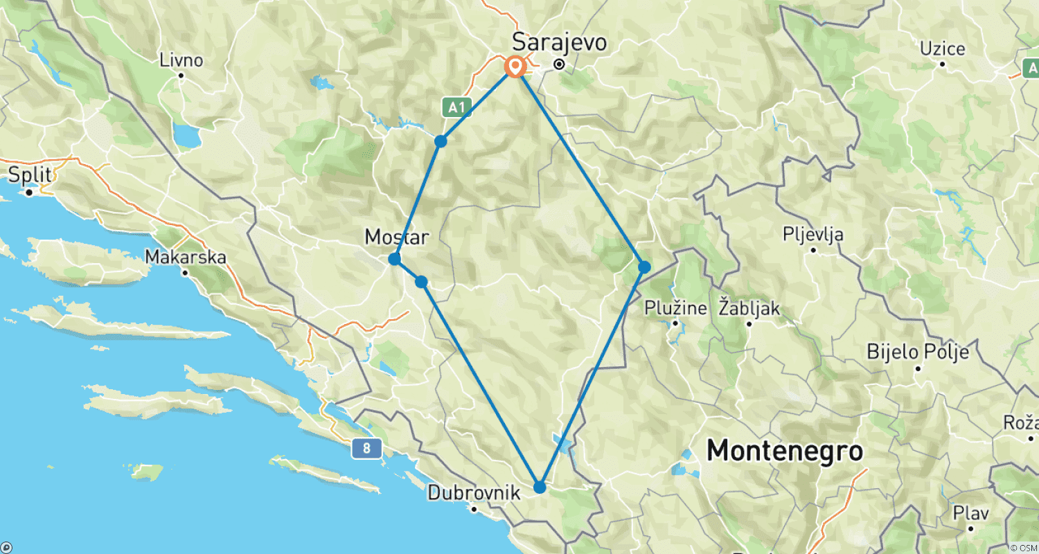 Mapa trasy: Całoroczna 3-dniowa wycieczka przez Bośnię z Sarajewa. Mikro-wycieczka przez Mostar, Blagaj, Stolac, Tvrdos, Trebinje.