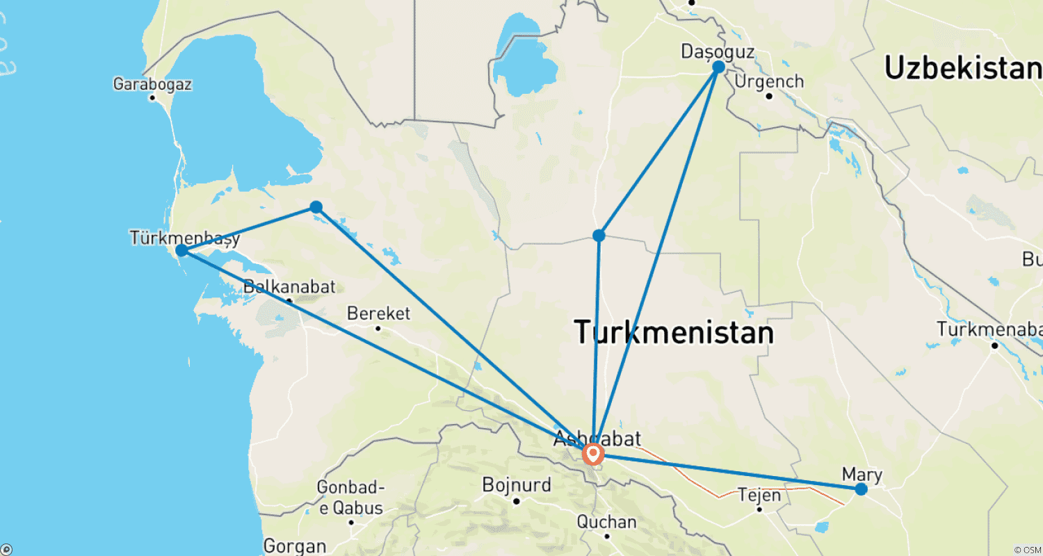 Mapa do percurso de Tailor-Made 8 Days Best Turkmenistan Tour, Daily Start & Private Car
