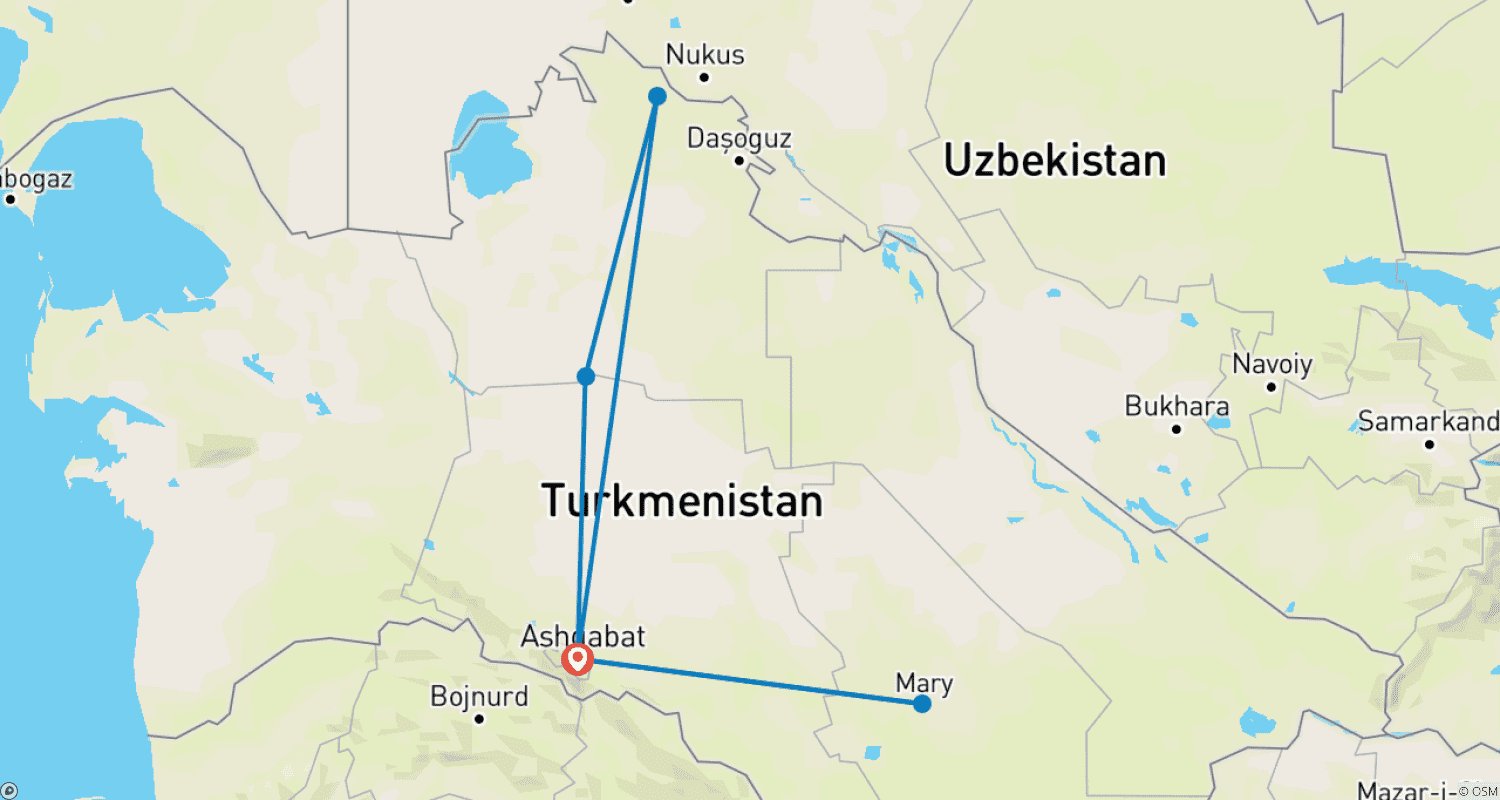 خريطة مسار Customized Private 6 Days Turkmenistan Trip, Daily Depart (Private Guide & Driver)