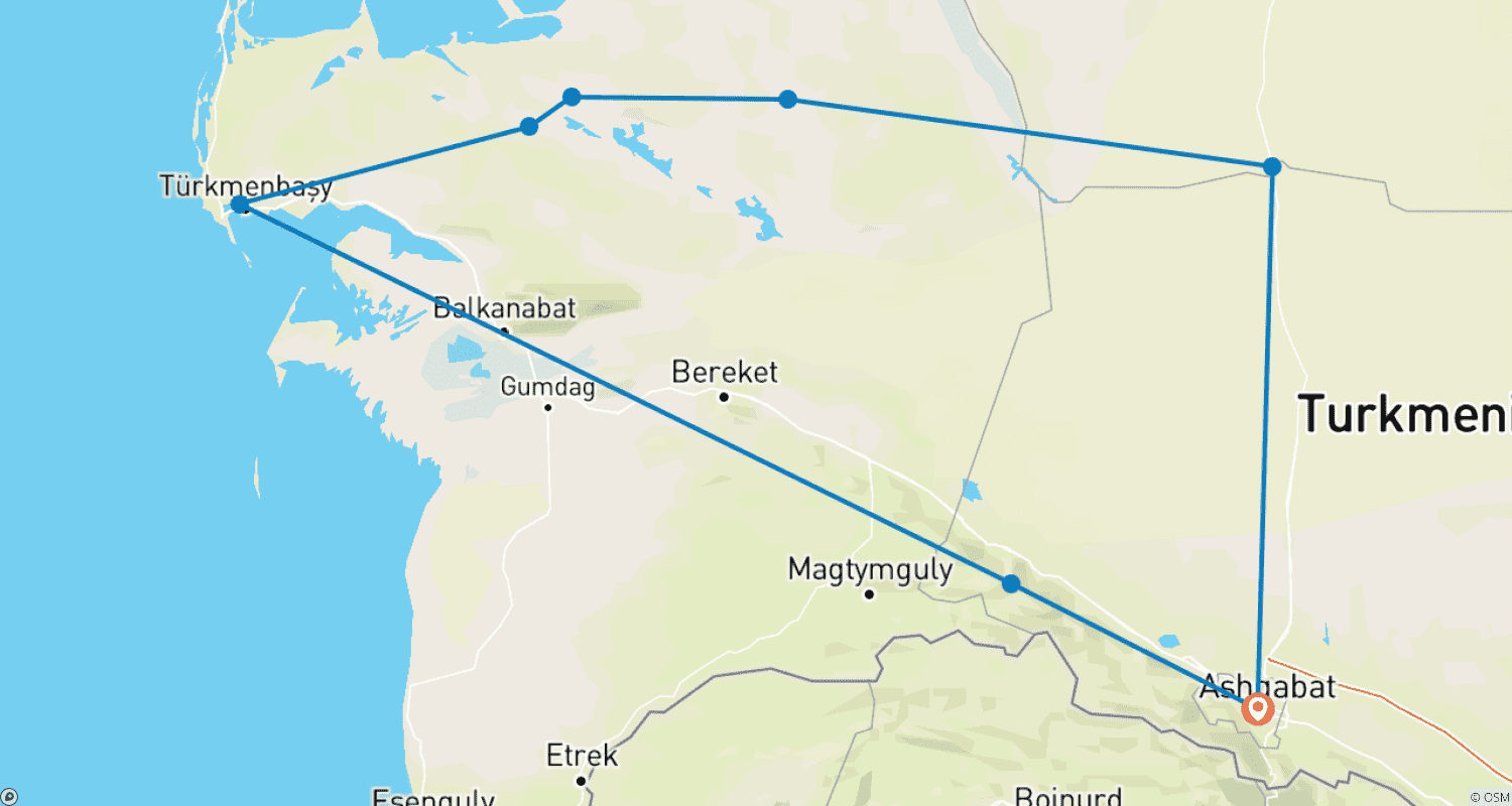 Mapa do percurso de Tour Privado Personalizado de 10 Dias no Turcomenistão, Partidas Diárias e Guia Privado