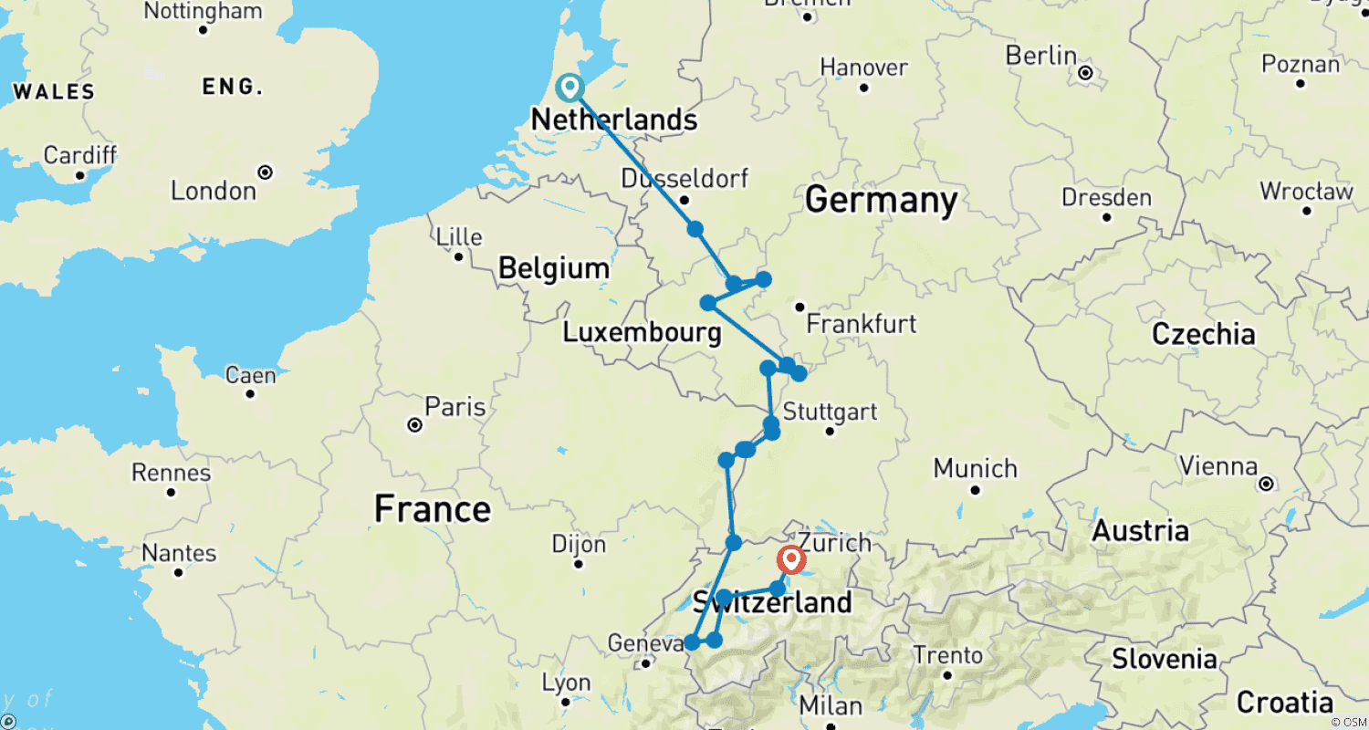 Mapa trasy: Najważniejsze atrakcje Renu ze Szwajcarią 2026 - 12 dni (z Amsterdamu do Zurychu)