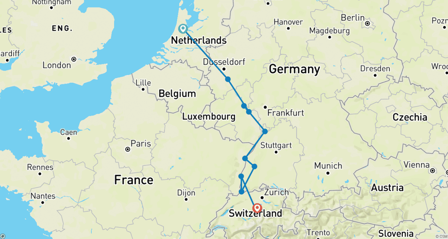 Mapa do percurso de Reno Romântico com 1 Noite em Amsterdã e 2 Noites em Lucerna (Sentido Sul) 2024
