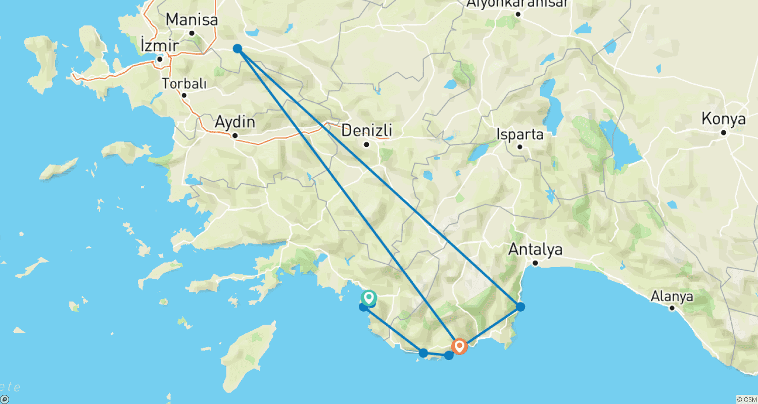 Mapa do percurso de Sonho Mediterrâneo - De Fethiye a Demre