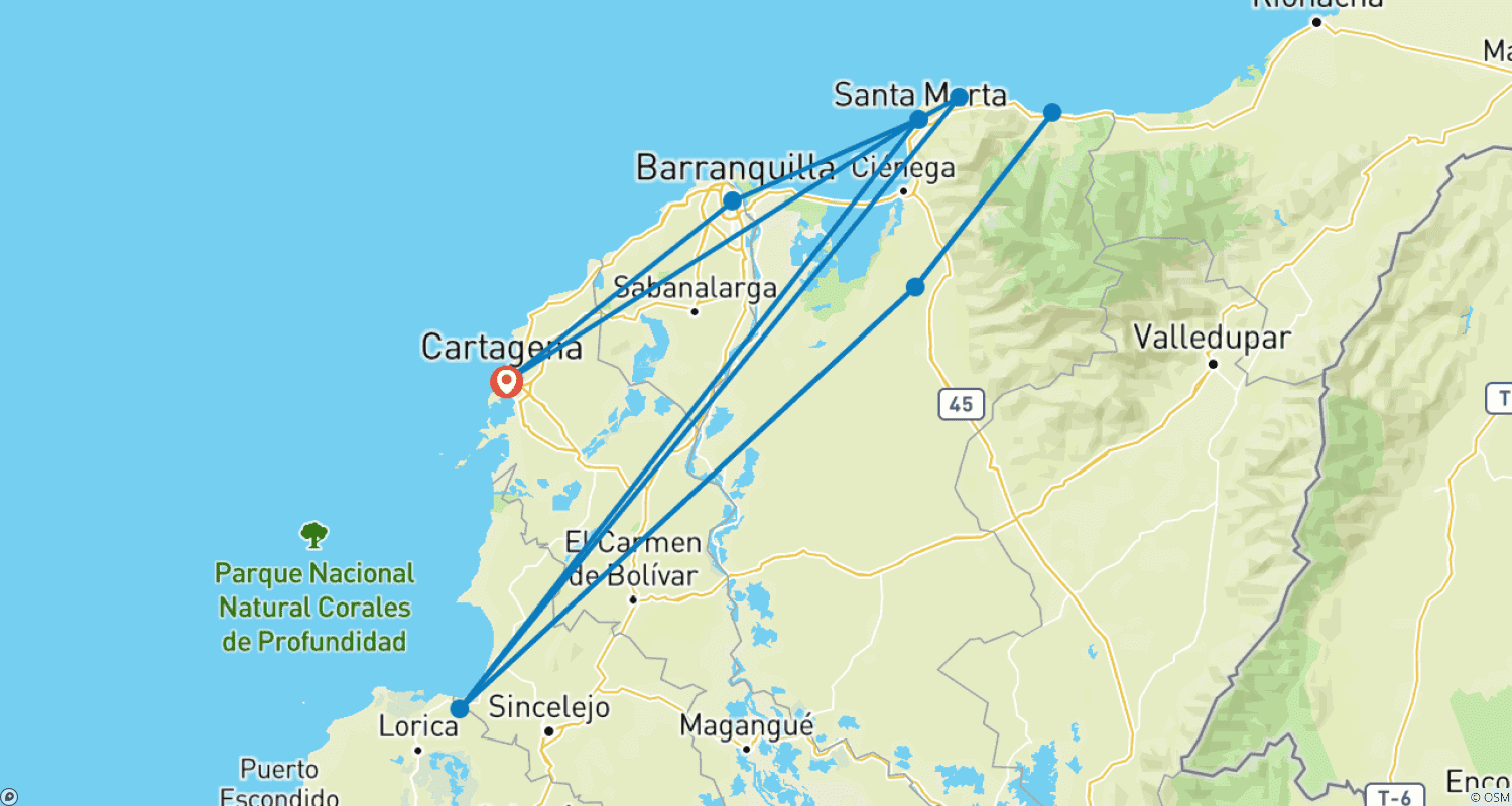 خريطة مسار COLOMBIA – 8 Days Santa Marta to Cartagena with The Lost City Trek