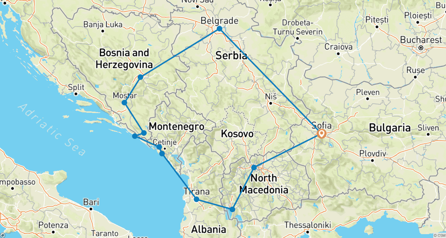 Mapa trasy: Najważniejsze atrakcje Bałkanów – Bułgaria, Serbia, Bośnia, Chorwacja, Czarnogóra, Macedonia, Albania