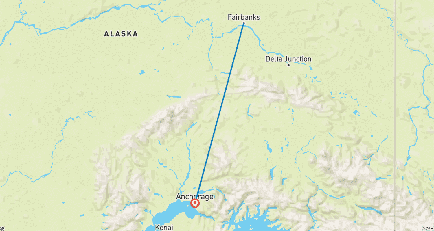 Mapa do percurso de EUA – Verão no Alasca de Fairbanks a Seward