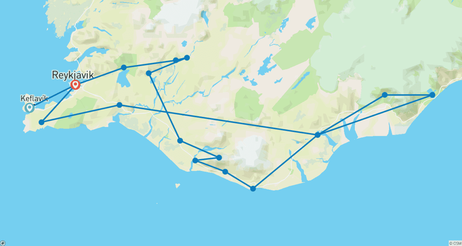 Mapa do percurso de Excursão Guiada de 6 dias | Poderes Ocultos e Caça à Aurora Boreal