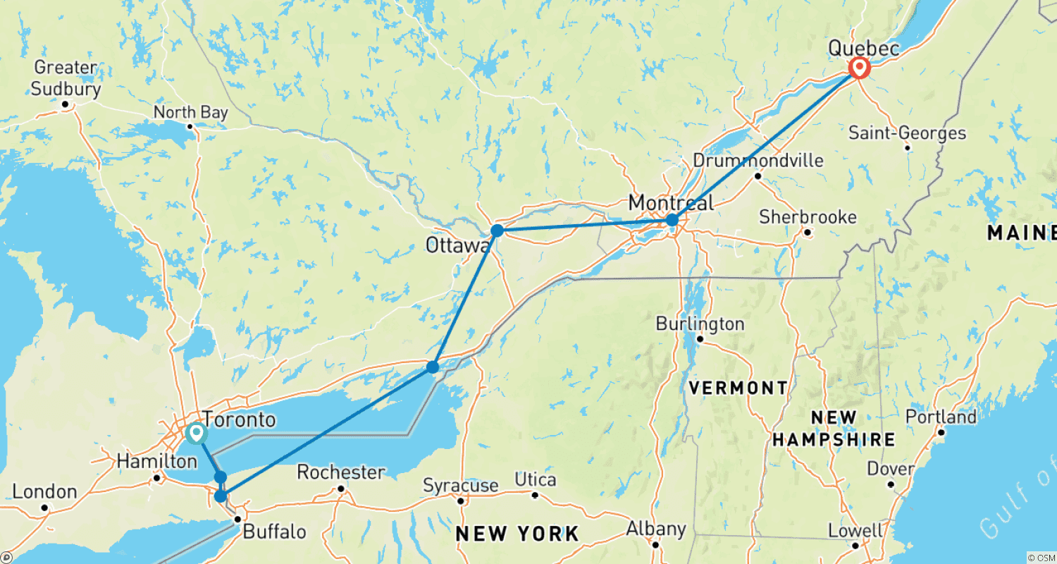 Mapa do percurso de Descoberta do Canadá Oriental (Clássico)