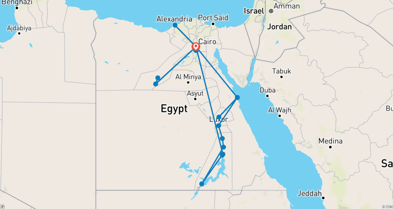 خريطة مسار جولة مصر المقدّسة: 14 يوم فخامة (القاهرة وGEM والإسكندرية وواحة/الصحراء البيضاء ونزهة/رحلة نهر النيل والغردقة) رحلة داخلية