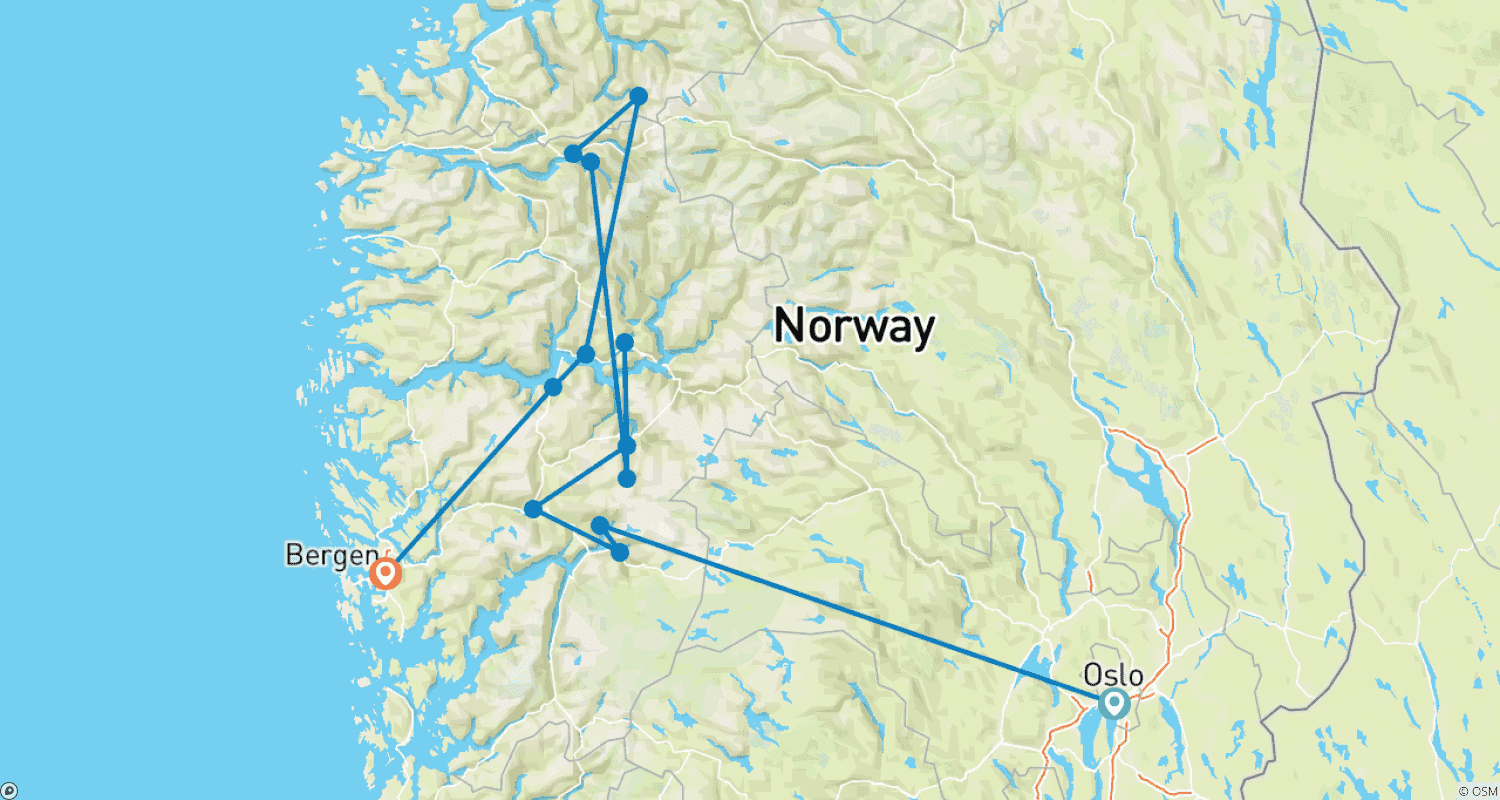 Mapa do percurso de Noruega: Fiordes e Glaciares 2023
