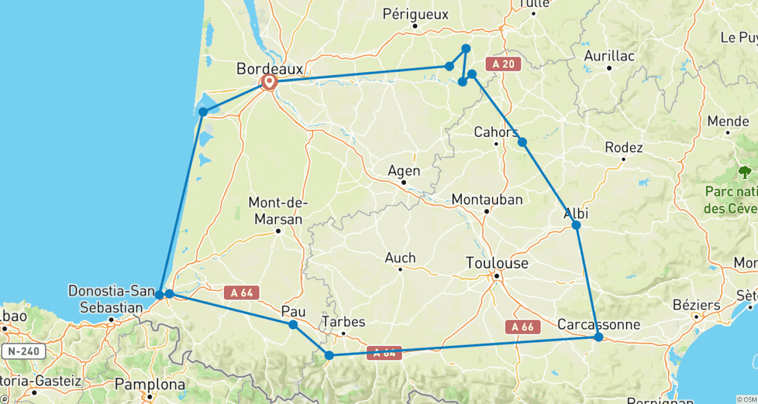 Mapa do percurso de Jóias do Sudoeste da França 2023