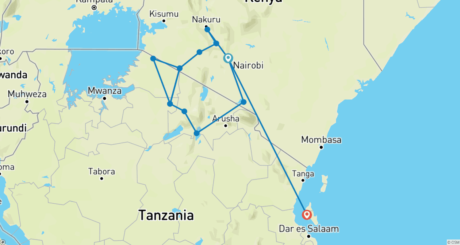 Mapa do percurso de 16 Dias: O Melhor da Savana Africana e Férias de Praia em Zanzibar