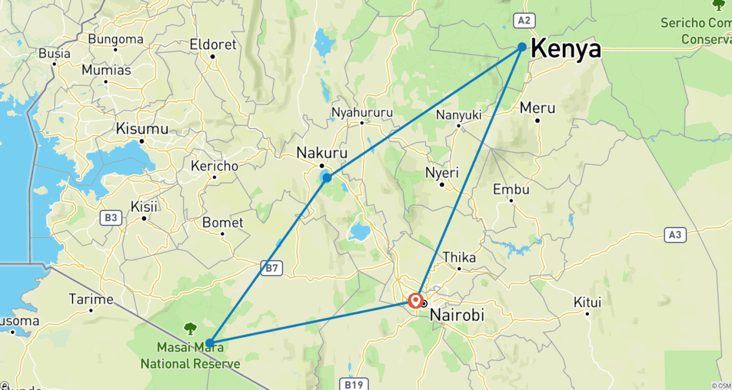 Mapa trasy: 7-dniowa wycieczka po 3 najważniejszych parkach dzikiej przyrody Kenii