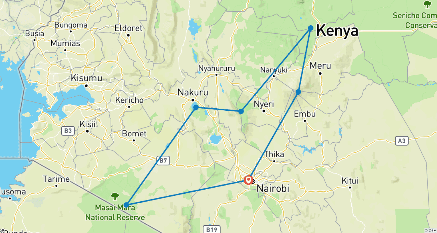 Mapa do percurso de Exploração de Safári de 9 Dias no Quênia
