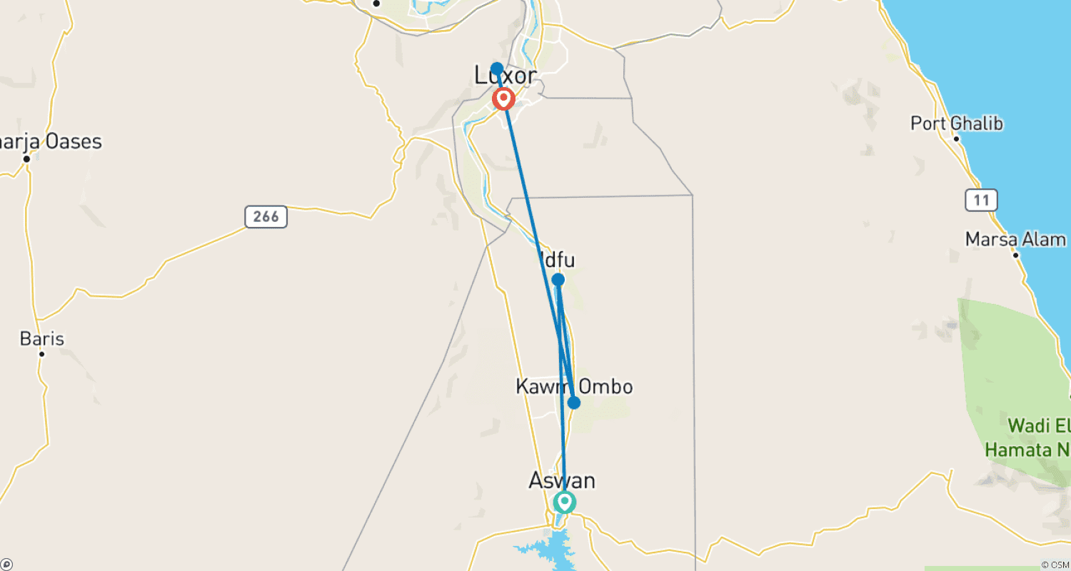 Mapa do percurso de 4 Dias de Descoberta no Nilo: De Assuão a Luxor a bordo do Esplanade Nile Cruise
