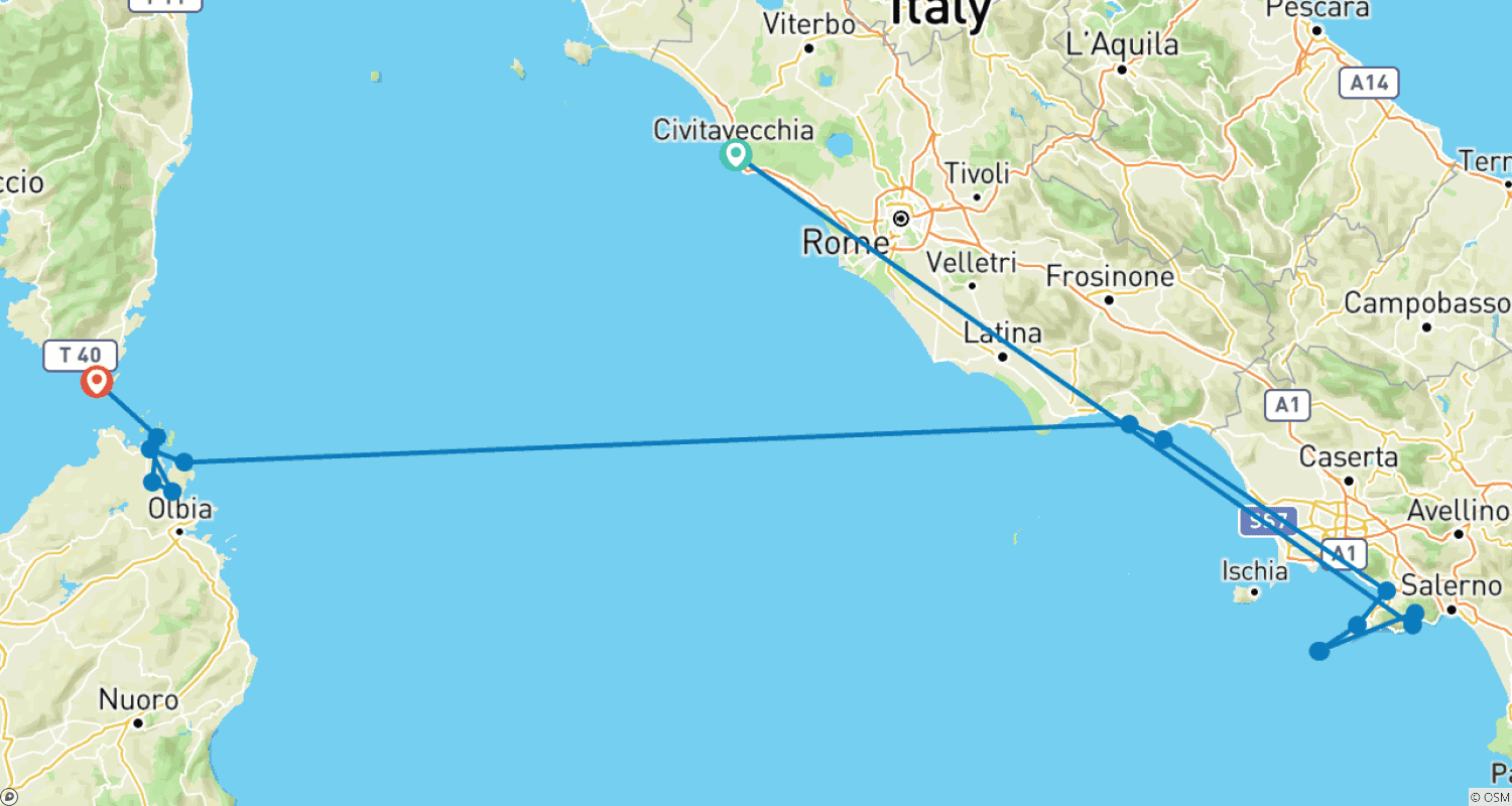 Mapa do percurso de Litorais Italianos Encantadores 2026|2027