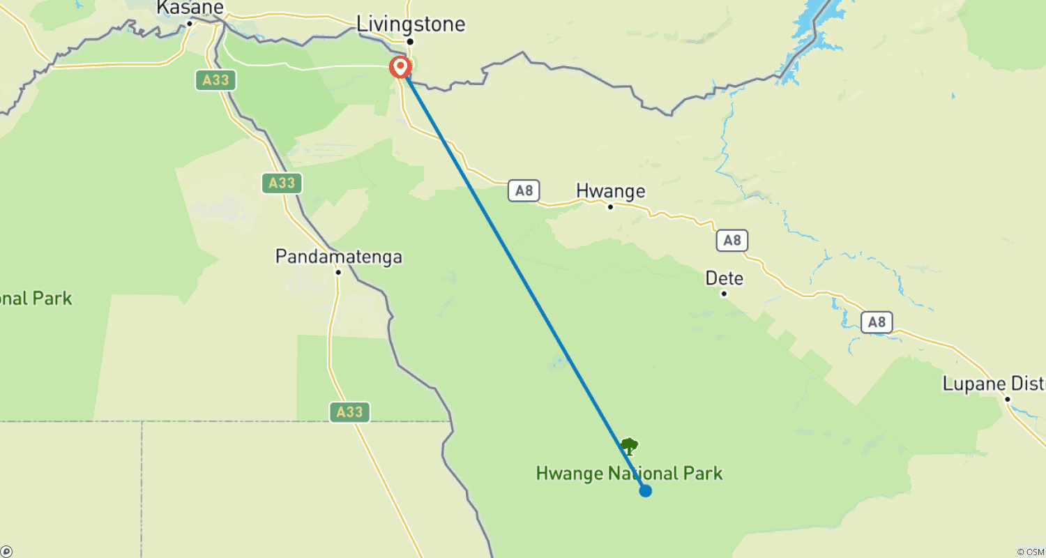Mapa do percurso de Victoria Falls & Hwange, 6 Days Safari Experience