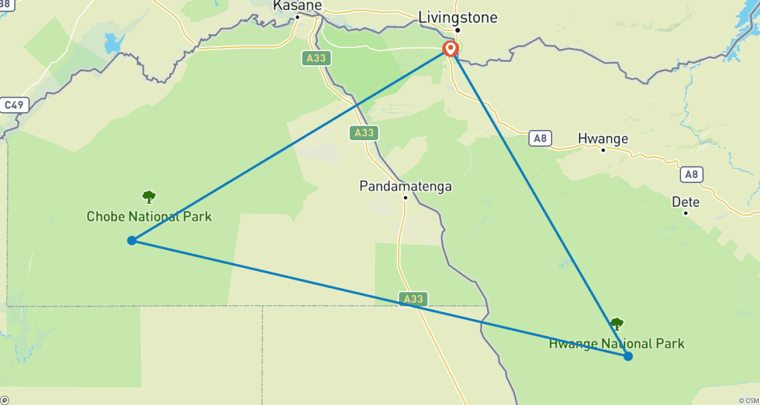 Mapa do percurso de 8 days Ultimate Victoria Falls, Chobe national park & Hwange