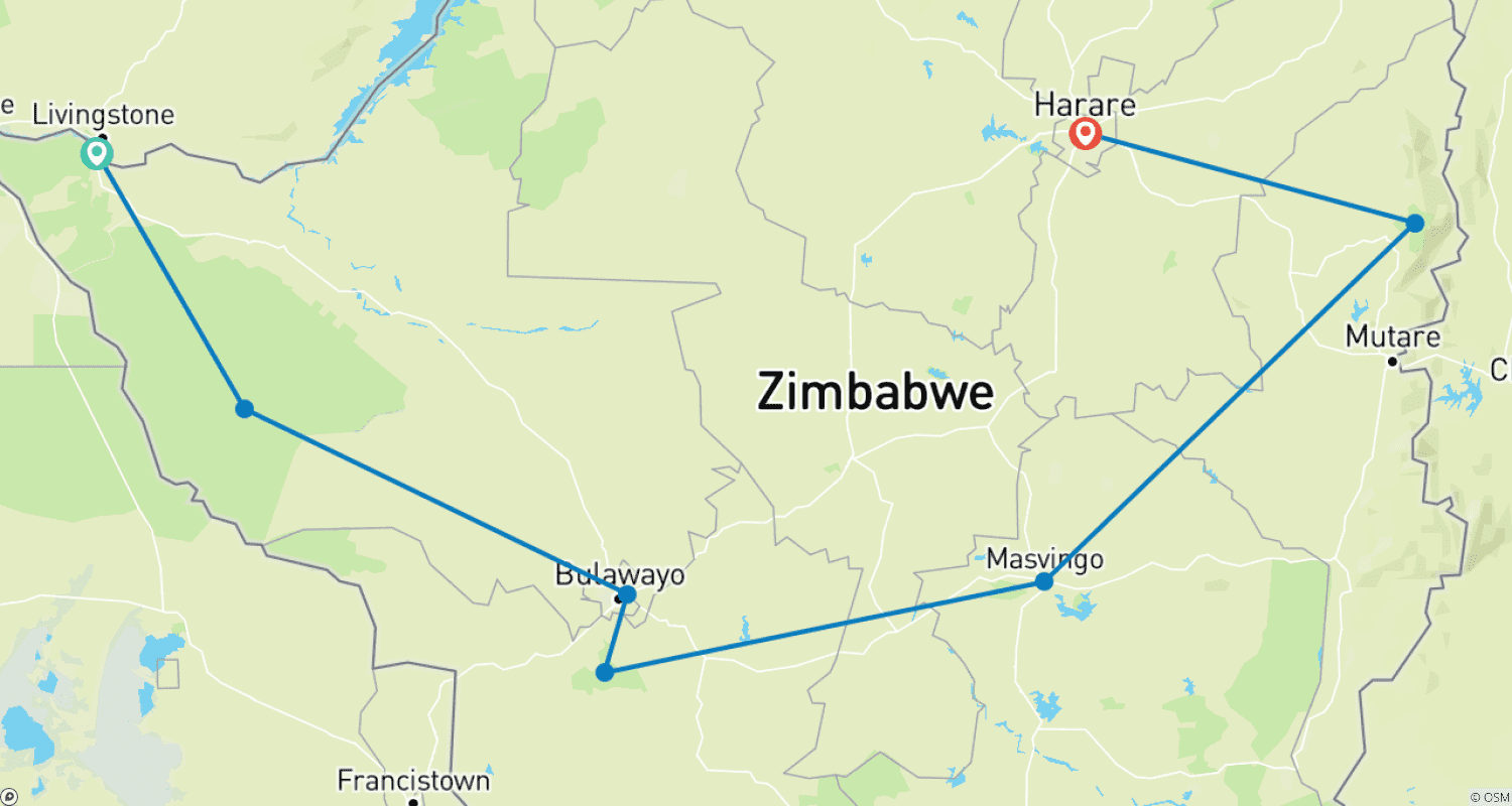 Mapa do percurso de Tailor-Made 12 Days Best Zimbabwe Safari Tour, Daily Start & Private Driver Guide