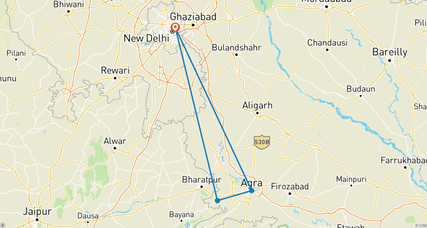 Mapa do percurso de Excursão de Pernoite a Agra Partindo de Delhi com Fatehpur Sikri