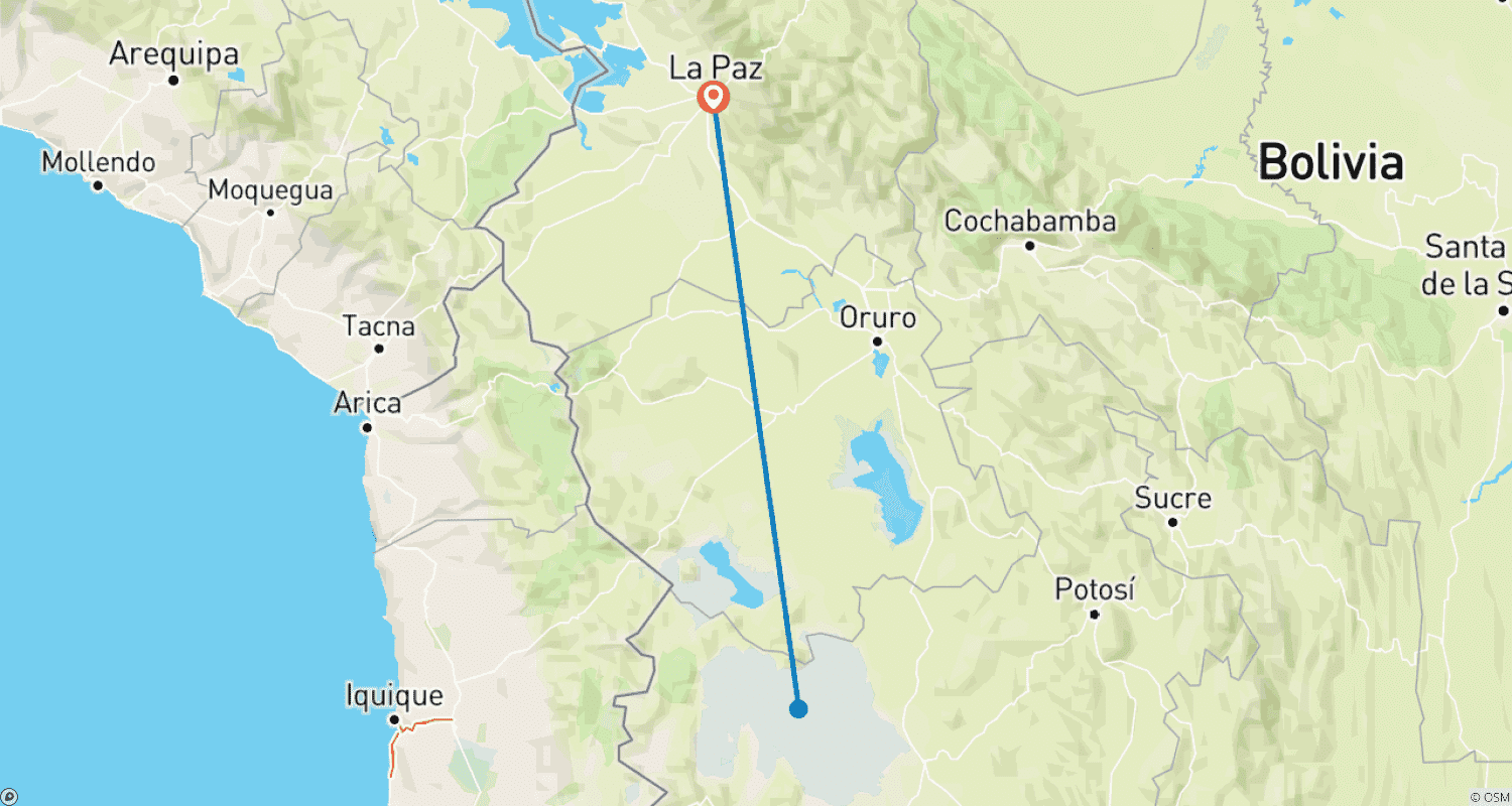 Mapa do percurso de Aventura na Bolívia – 6 Dias La Paz Salar de Uyuni Pulacayo Tomave