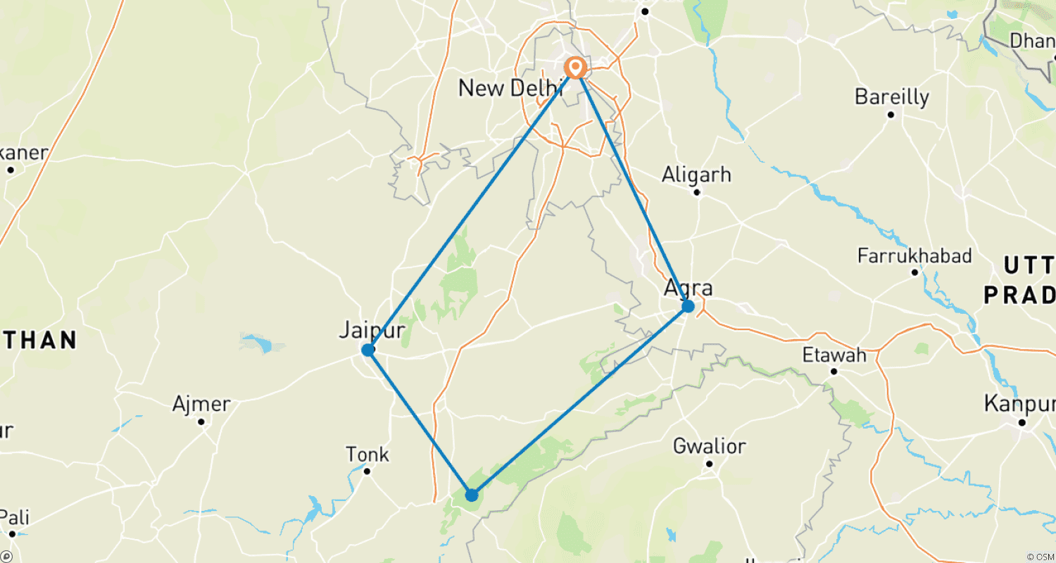 Mapa trasy: Z Delhi: Prywatne 5-dniowe safari tygrysie i wycieczka po Złotym Trójkącie z hotelami