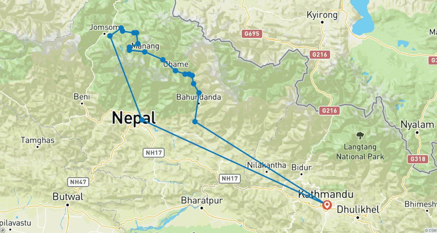 Annapurna Circuit and Tilicho Lake Trekのルートマップ