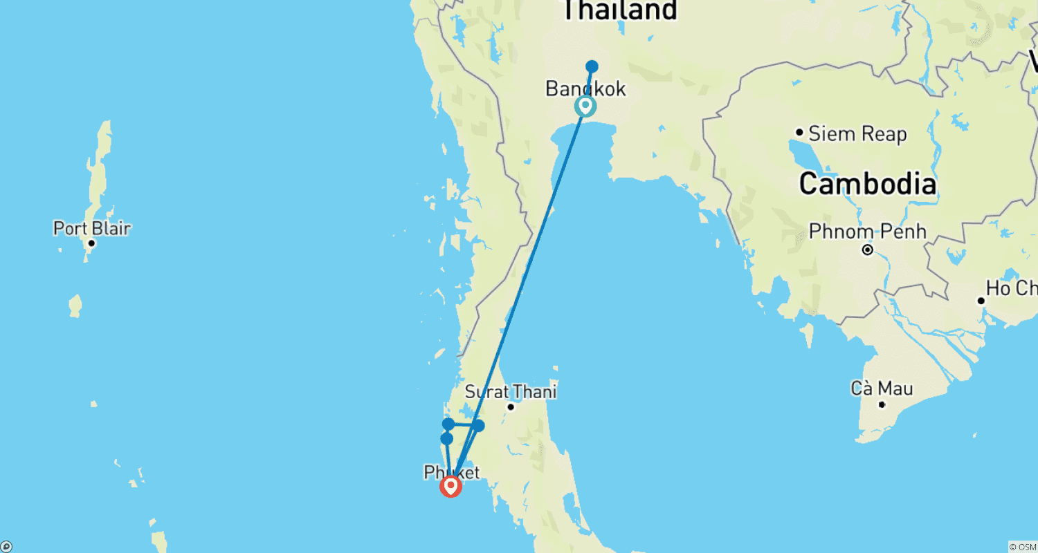 Mapa do percurso de Tailândia Definitiva em 10 Dias - Ayutthaya / Khao Sok / Phuket